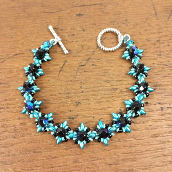 HANDMADE Teal, Aqua and Jet AB Star-crossed bracelet Unique Festival Artisan - Picture 1 of 6